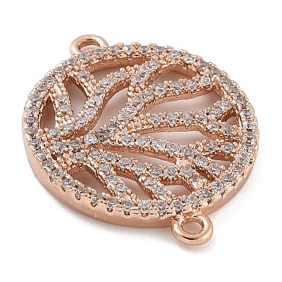 Rack Plating Brass Micro Pave Clear Cubic Zirconia Flat Round with Tree Connector Charms KK-A234-034RG-1