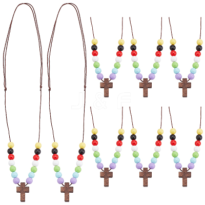 Wood Cross with Acrylic Beaded Pendant Necklaces for Women NJEW-AB00011-1