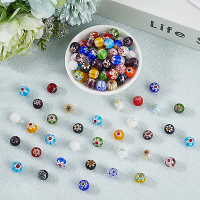 3 Strands Handmade Millefiori Glass Round Bead Strands LAMP-LT0001-16D-1