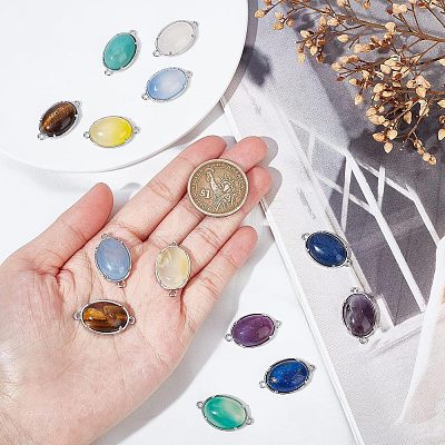 14Pcs 7 Styles Brass Natural Gemstone Connector Charms G-FH0001-79-1