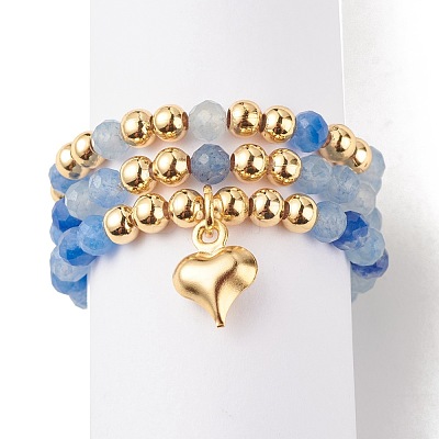 3Pcs 3 Style Natural Gemstone & Brass Beaded Finger Rings with 304 Stainless Steel Heart Charms for Women RJEW-JR00471-1
