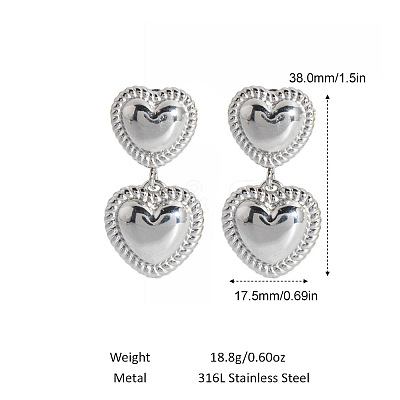 304 Stainless Steel Heart Dangle Stud Earrings CY2575-2-1