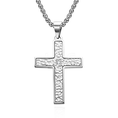 304 Stainless Steel Pave Clear Cubic Zirconia Hammered Religion Cross Pendant Necklaces for Men WG86616-02-1