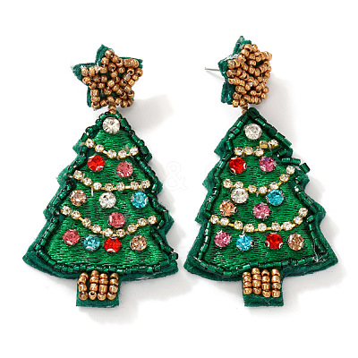 Christmas Tree with Star Handmade Glass Seed Beads Dangle Stud Earrings HU0349-5-1