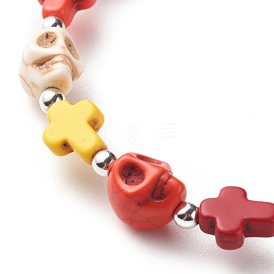 Synthetic Turquoise(Dyed) Cross & Skull Beaded Stretch Bracelet BJEW-JB08452-02-1