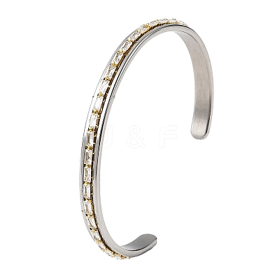 6MM 201 Stainless Steel and Brass Pave Rectangle Clear Cubic Zirconia Cuff Bangles BJEW-JB14370-1