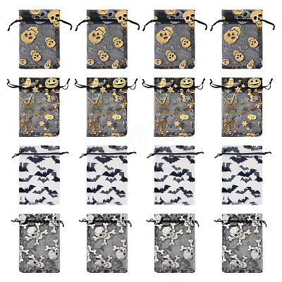 40Pcs 4 Styles Halloween Theme Spider Bat Skull Printed Organza Drawstring Bags ABAG-TA0002-03-1
