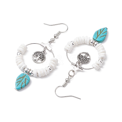 Natural Sea Shell Beads and Synthetical Dyed Turquoise Leaf Pendants Earrings EJEW-JE05921-1