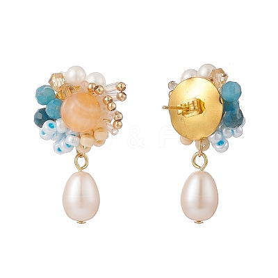 Natural Carnelian & Apatite Beaded Flower with Shell Pearl Dangle Stud Earrings EJEW-TA00163-1