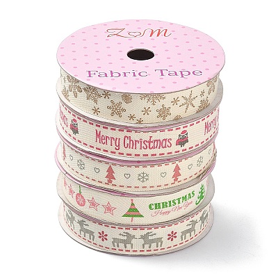 5 Rolls 5 Patterns Single Face Printed Cotton Satin Ribbons OCOR-YW0001-04-1
