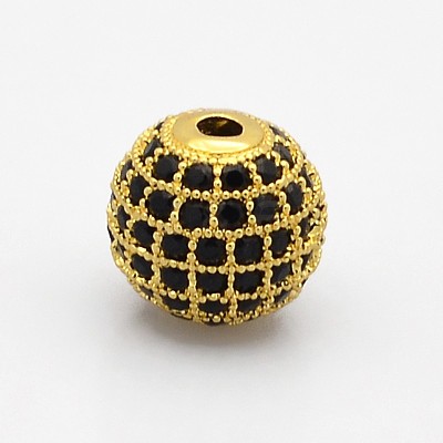 CZ Brass Micro Pave Grade AAA Black Color Cubic Zirconia Round Beads KK-O065-10mm-01G-NR-1