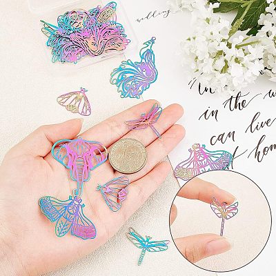 24Pcs 6 Styles 201 Stainless Steel Filigree Big Pendants STAS-UN0023-16-1