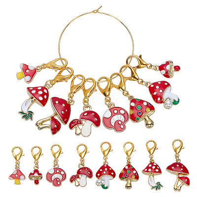 16Pcs 8 Styles Mushroom Alloy Enamel Pendant Locking Stitch Markers HJEW-HY00115-1