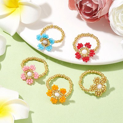 Round Seed Beads with Gemstone Beads Rings RJEW-MZ00015-1