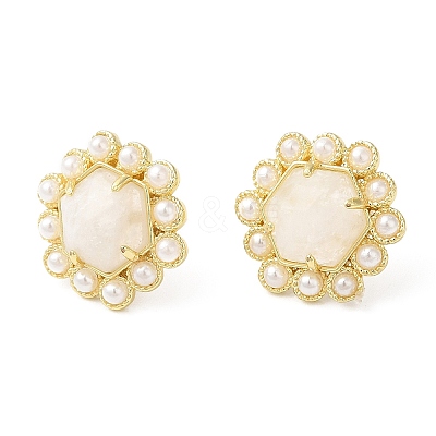 Ion Plating(IP) Natural Moonstone Hexagon Stud Earrings with Plastic Pearl Beaded EJEW-E287-01G-02-1