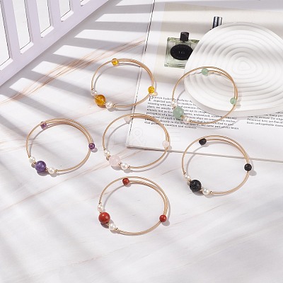 Natural Gemstone & Pearl Round Beaded Bangle BJEW-JB08464-1