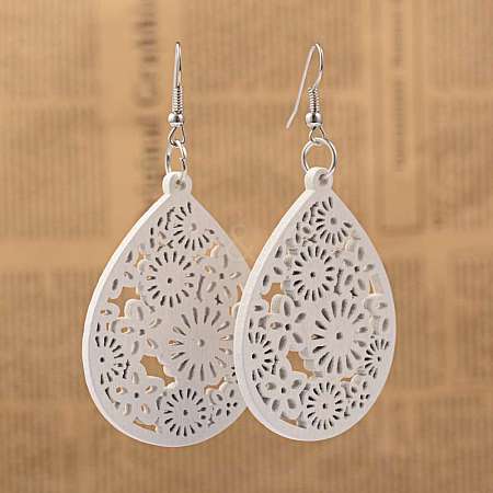 Simple Design Filigree Teardrop Wood Dangle Earrings EJEW-I182-07-1