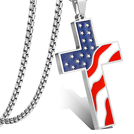Independence Day Alloy Enamel American Flag Cross Pendant Necklaces for Men FS-WG51290-02-1