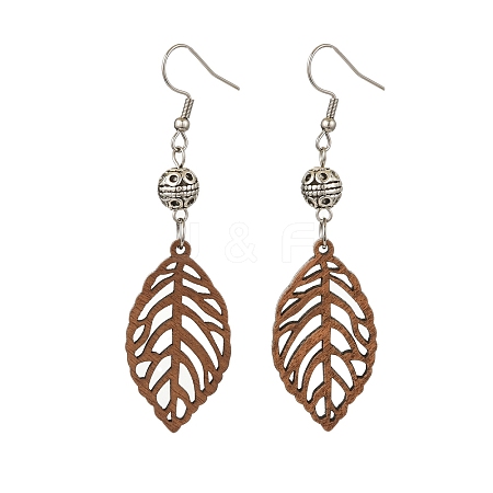 Leaf Natural Walnut Wood Dangle Earrings EJEW-JE06102-01-1