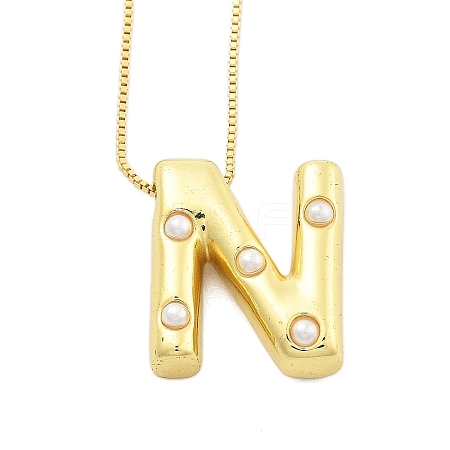 Brass & Plastic Pearl Letter Pandent Box Chain Necklaces for Women NJEW-U017-01G-14-1