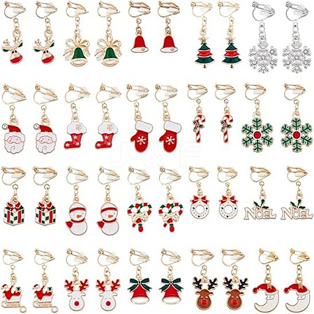 20Pairs 20 Styles Christmas Tree & Bell & Deer & Snowman Enamel Dangle Clip-on Earrings EJEW-AN0003-39-1