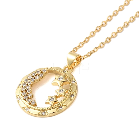 Brass Pave Cubic Zirconia Flat Round with Star Pendant Necklaces for Women NJEW-S429-02G-02-1