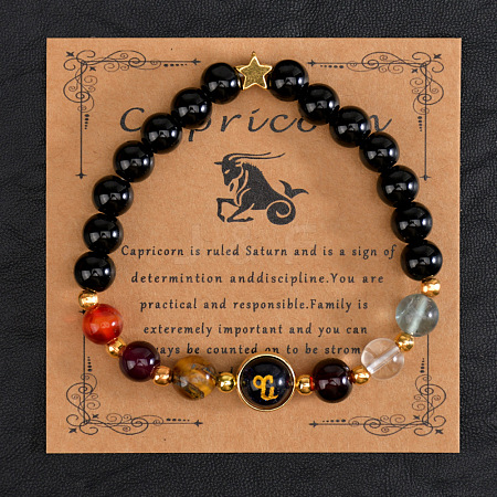 12 Zodiac Sign Natural Black Obsidian Round Beads Stretch Bracelets for Men Women WG228FC-03-1