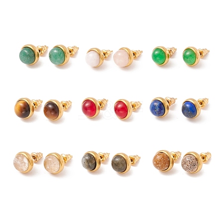 Ion Plating(IP) Natural Gemstone Half Round Stud Earrings EJEW-K092-01G-1