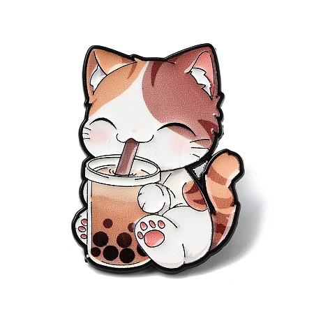 Cat Drinking Bubble Tea Enamel Pins JEWB-I055-05EB-05-1