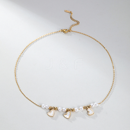 Stainless Steel Heart Bib Necklace with Imitation Pearl Beaded Chains for Women TT5673-1