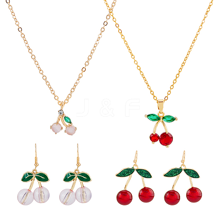 FIBLOOM Cubic Zirconia & Alloy Enamel Cherry Pendant Necklaces & Dangle Earrings SJEW-FI0001-22-1