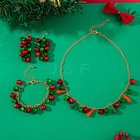 Christmas Bell Alloy with Plastic Pearl Beaded Pendant Necklaces & Dangle Earrings & Charm Bracelets Sets WG23D9C-03-1