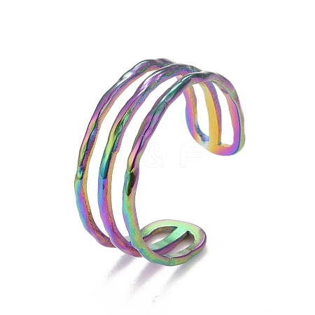 Ion Plating(IP) Rainbow Color 304 Stainless Steel Triple Line Open Cuff Ring for Women RJEW-C025-12M-1