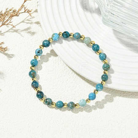 6MM Round Natural Apatite and Brass Beaded Stretch Bracelets for Women BJEW-JB14032-1
