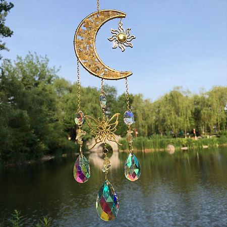 Natural Yellow Quartz Chip & Metal Moon Hanging Suncatchers PW-WG15083-06-1