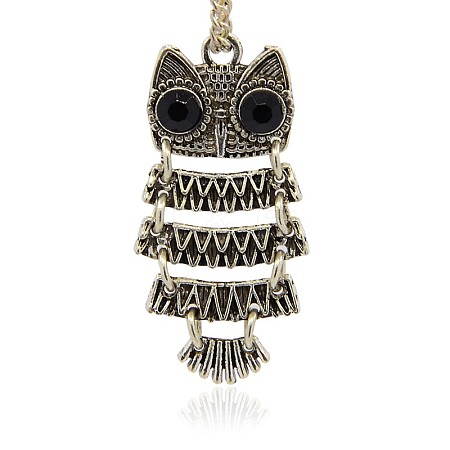 Antique Silver Plated Alloy Rhinestone Owl Pendants for Halloween Jewelry ALRI-J083-02AS-1