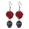 Halloween Synthetic Coral Red Flower & Synthetic Turquoise Black Skull Dangle Earrings EJEW-JE06069-S-2