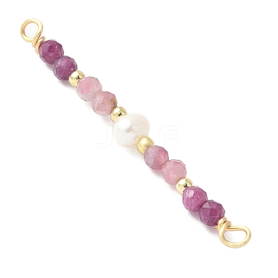 Faceted Round Natural Ruby & Pink Tourmaline & Potato Natural Cultured Freshwater Pearl Beaded Connector Charms PALLOY-JF03531-09-1