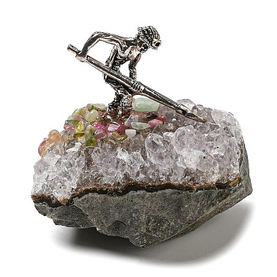 Natural Tourmaline Cluster & Alloy Miner Model Ornament DJEW-D002-10AS-02-1