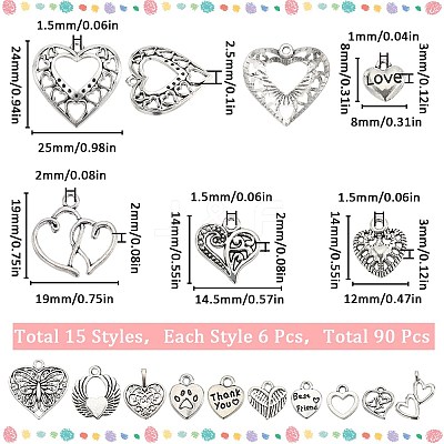 90Pcs 15 Style Tibetan Style Alloy Pendants TIBEP-SC0002-55-1