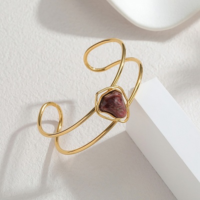 304 Stainless Steel & Oval Acrylic Imitation Gemstone Bead Cuff Bangles for Women BJEW-T027-01C-1