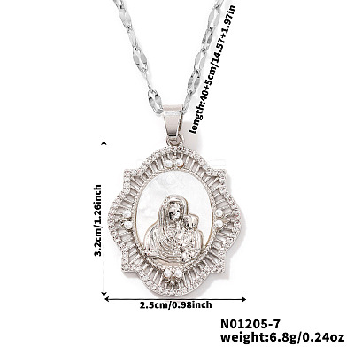 Vintage Brass Micro Pave Clear Cubic Zirconia Religious Rhombus with Virgin Mary Pendant Necklaces HW0561-1-1