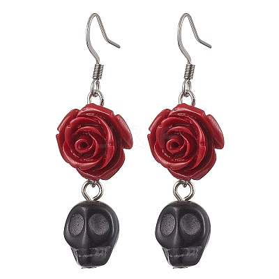 Halloween Synthetic Coral Red Flower & Synthetic Turquoise Black Skull Dangle Earrings EJEW-JE06069-S-1