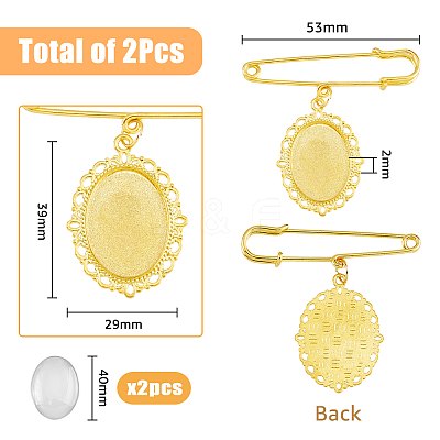 2Pcs Oval Blank Glass Dome Wedding Bouquet Photo Charms Safety Pin Brooches JEWB-AB00008-1