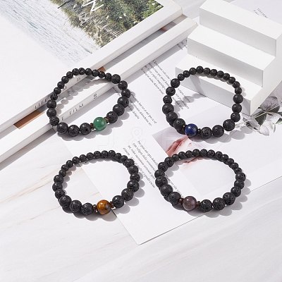 Natural Lava Rock & Coconut Stretch Bracelet with Gemstone Beads BJEW-JB08220-1