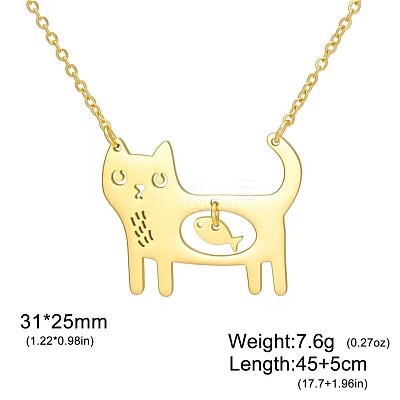 304 Stainless Steel Holow Cute Cat with Fish Pendant Necklaces for Women WGEC842-02-1