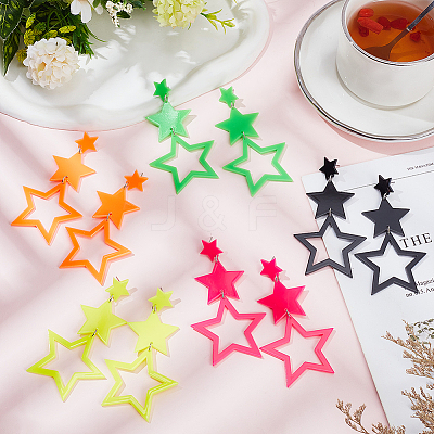 5 Pairs 5 Colors Hollow Star Acrylic Dangle Stud Earrings for Woman EJEW-AN0004-10-1