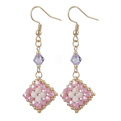 304 Stainless Steel Handmade Glass Seed Beads Rhombus Dangle Earrings EJEW-MZ00517-01-1
