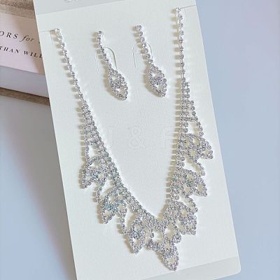 Leaf Brass Pave Clear Cubic Zirconia & Rhinestone Pendant Necklaces & Stud Earrings Sets FS-WG35E42-01-1