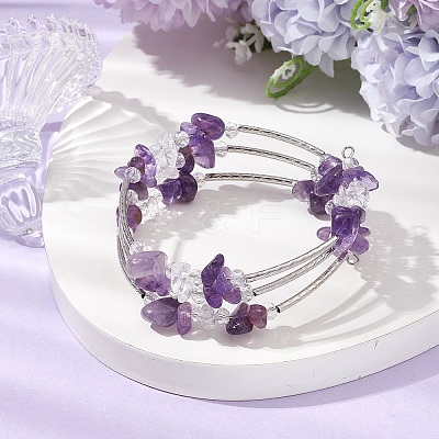 Natural Mixed Stone Chip & Glass & Brass Tube Beaded Bangles for Women BJEW-JB11265-1